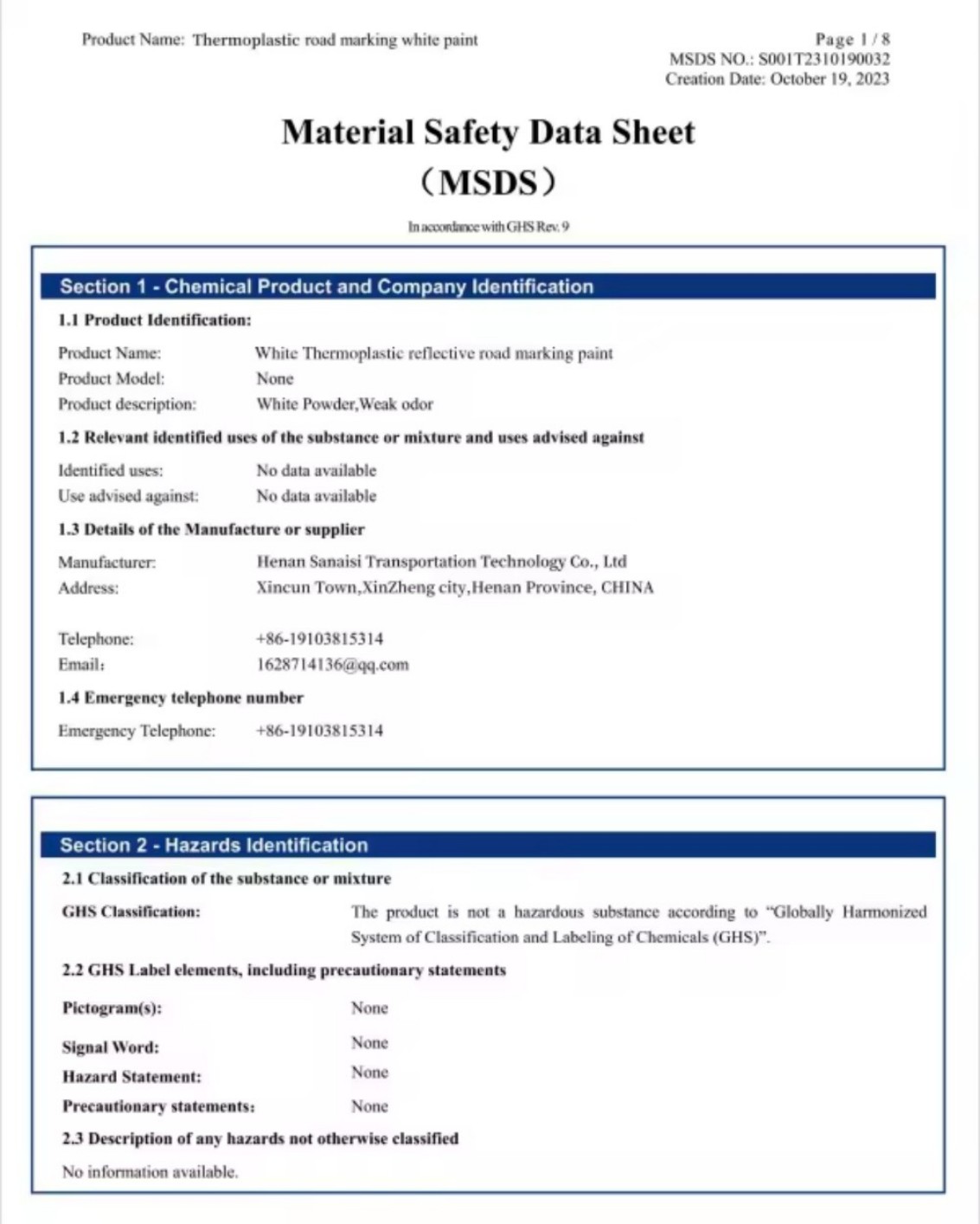 Material Safety Data Sheet