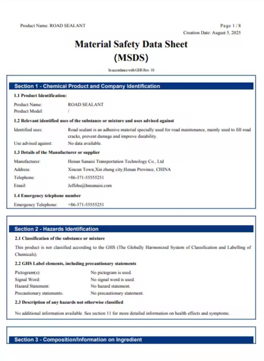 Material Safety Data Sheet